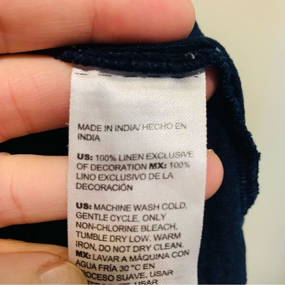 Chicos Navy Blue Knit Linen Pom Pom trim V Neck Tee Shirt size large - Picture 4 of 6